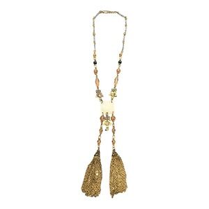 Boho Double Tassel Statement Necklace Gold Tone Beaded Chain Fringe J23